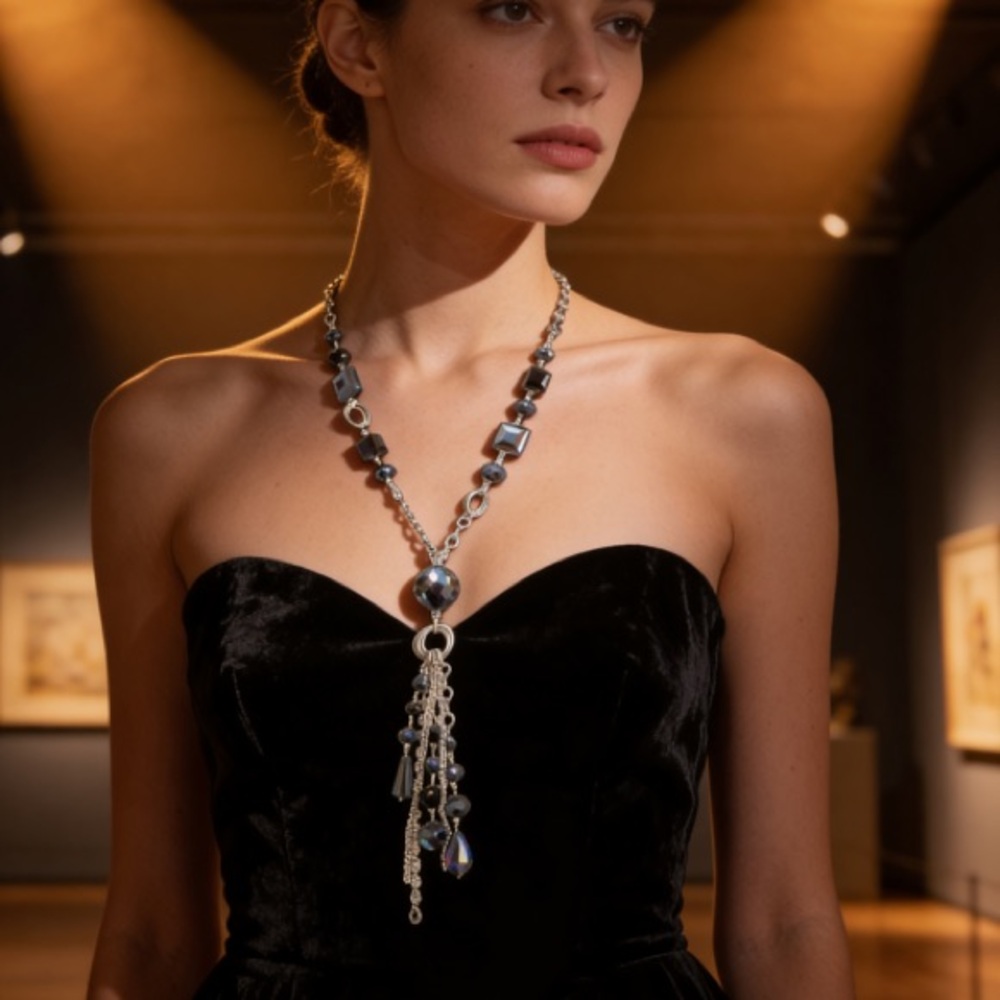 Long Silver Tassel Necklace | Jet Black Beads Rhinestone Statement